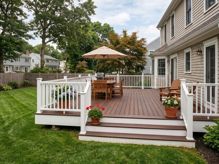 Backyard composite deck with white railing, outdoor dining set, and umbrella