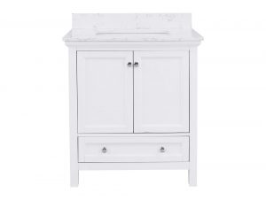 Cunningham 30 inch white bathroom vanity with Carrara marble top and single drawer