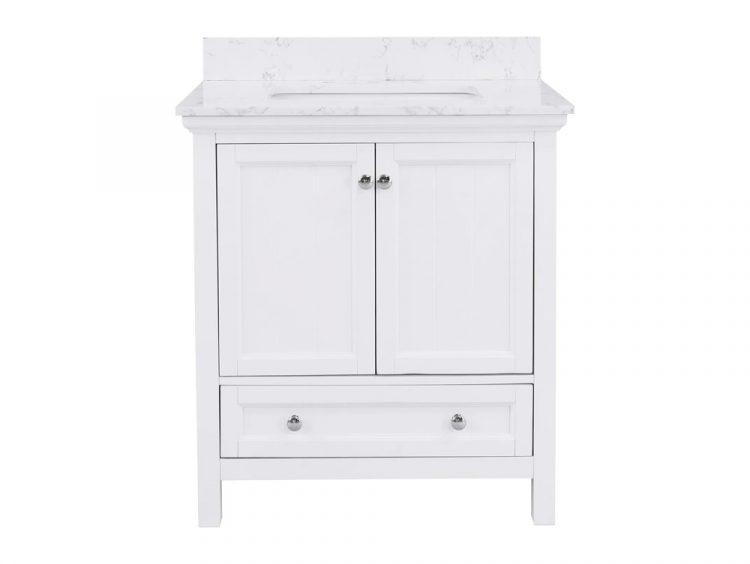 Cunningham 30 inch white bathroom vanity with Carrara marble top and single drawer