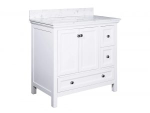 Angled view of Cunningham 36 inch white bathroom vanity with Carrara top