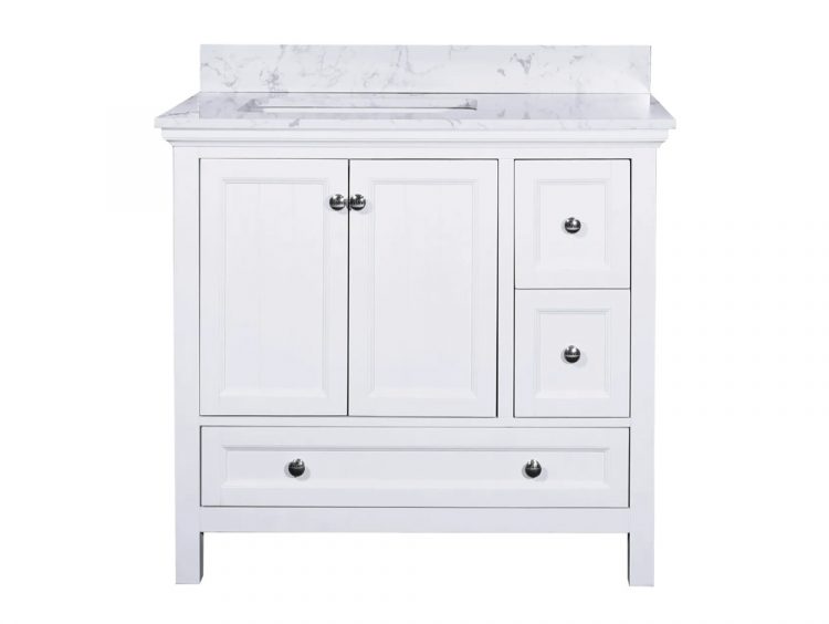 Cunningham 36 inch bath vanity in plantation white with Carrara marble top and silver hardware