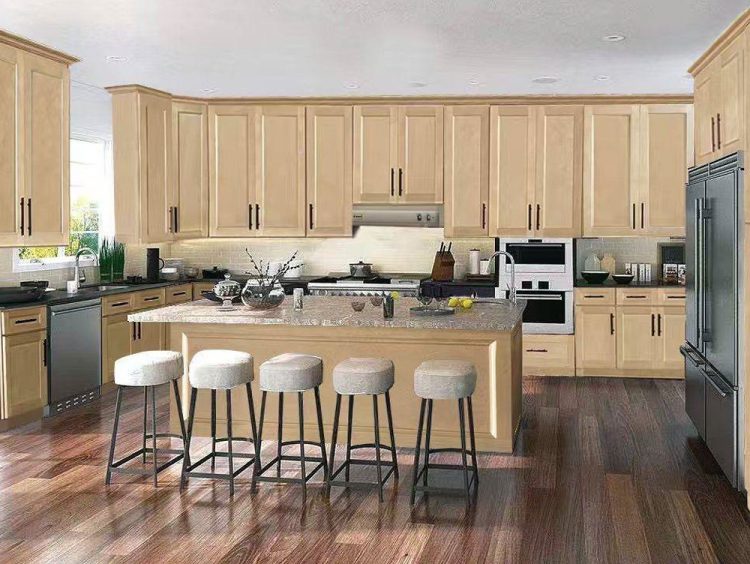 Sonona Sand Kitchen Cabinets – Shaker-style with a warm sand finish, soft-close features, and full-overlay design