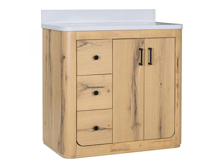 Harper Edge Knotty Oak 36 Inch Bathroom Vanity Harper Edge Knotty Oak 36-inch bathroom vanity with quartz top and soft-close drawers