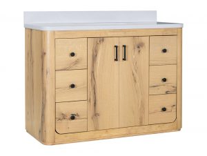 Harper Edge Knotty Oak 48-inch bathroom vanity with quartz top, six soft-close drawers, and black hardware