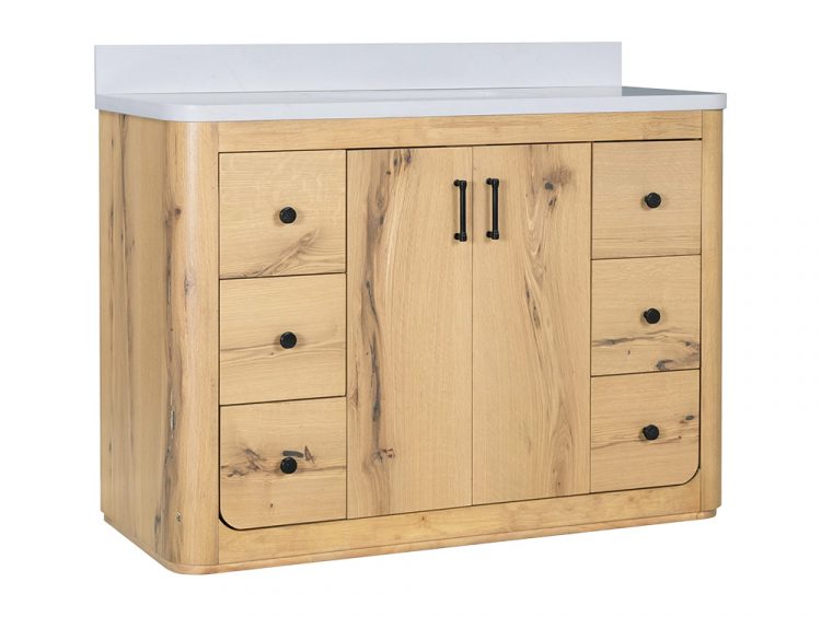 Harper Edge Knotty Oak 48 Inch Bathroom Vanity Harper Edge Knotty Oak 48-inch bathroom vanity with quartz top, six soft-close drawers, and black hardware