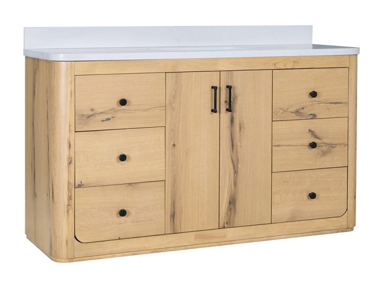 Harper Edge Knotty Oak 60 Inch Bathroom Vanity Harper Edge Knotty Oak 60-inch bathroom vanity with single sink, quartz top, and six soft-close drawers