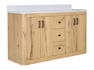 Harper Edge Knotty Oak 60-inch bathroom vanity with double sinks, soft-close drawers, and quartz top