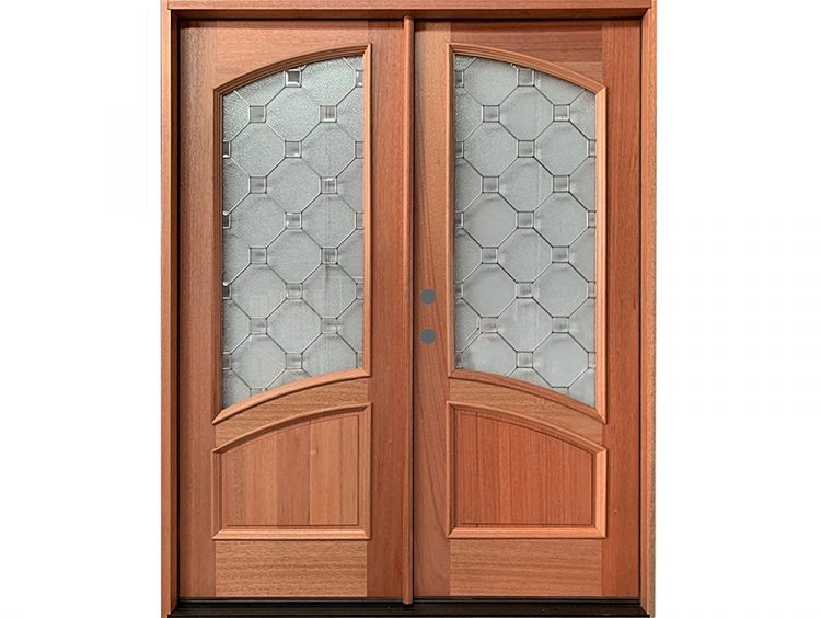 Mahogany arch lite double entry door with decorative glass and prefinished honey color