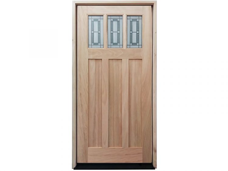 Mahogany 3-lite deco glass entry door with decorative insulated glass and engineered wood frame