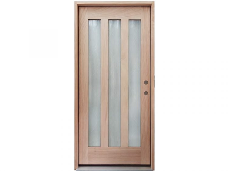 Mahogany 3-lite vertical glass entry door with insulated tempered glass and unfinished wood frame