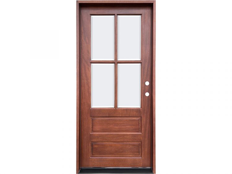 Mahogany 4-lite 2-panel French door with clear beveled insulated glass, prefinished in Color 02