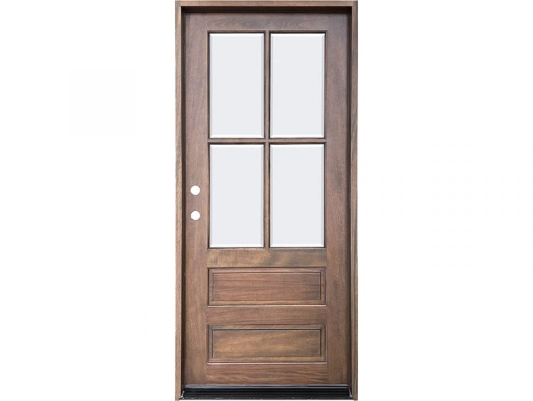 Mahogany 4-lite 2-panel French entry door with clear beveled insulated glass, prefinished grey finish