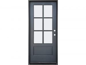 Mahogany 6-lite 1-panel entry door in smoke finish with clear beveled insulated glass