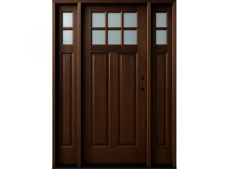 Mahogany 6-lite craftsman style front door with sidelites and clear beveled insulated glass, prefinished in Color 02