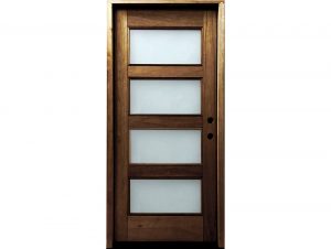 Mahogany contemporary grey entry door with four horizontal frosted glass panels and modern styling