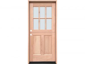 Mahogany Dutch door with six lite glass upper section and two-panel lower section in unfinished wood