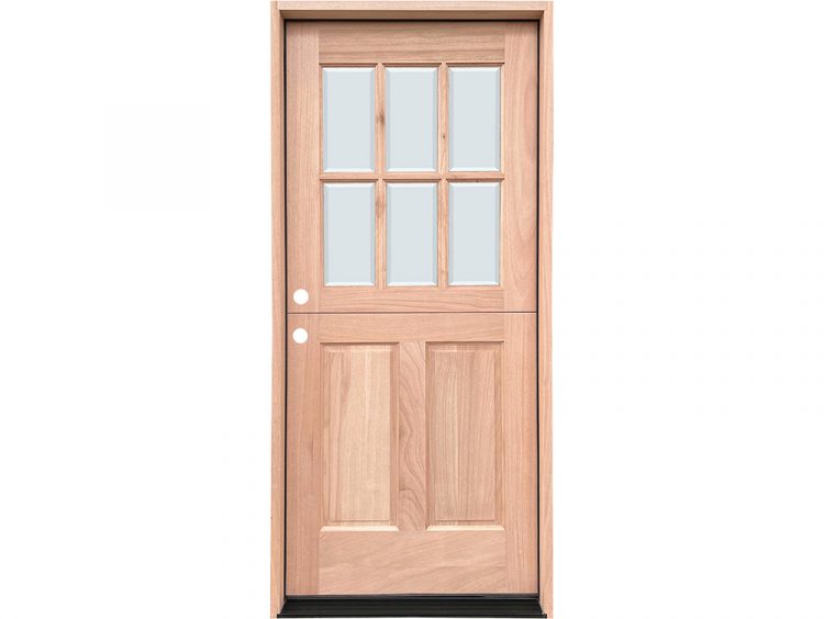 Mahogany Dutch door with six lite glass upper section and two-panel lower section in unfinished wood