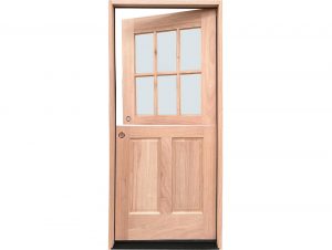 Unfinished mahogany exterior Dutch door with 6-lite glass top section open, showcasing the two-panel bottom, within its frame.