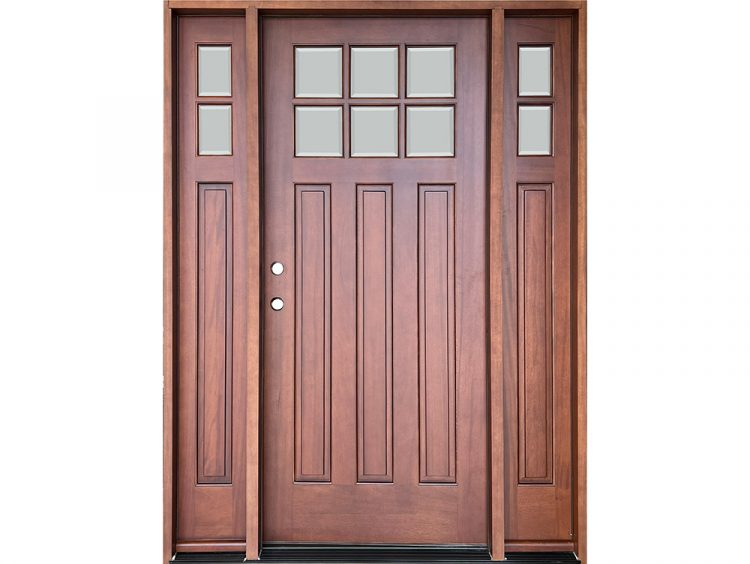 Mahogany 6-lite craftsman style front door with sidelites and clear beveled insulated glass, prefinished in Color 02