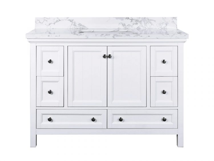 Front view of Cunningham 48 inch bathroom vanity in Plantation White with white Carrara marble top