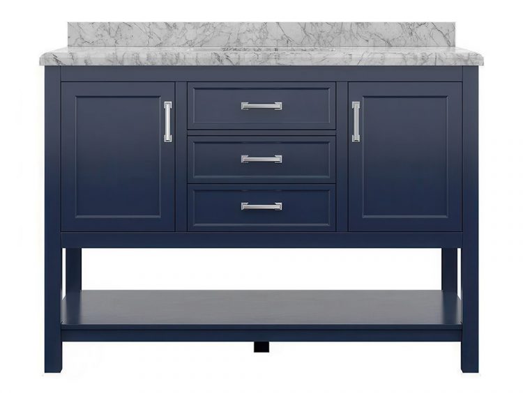 Front view of Aegean Blue bathroom vanity with Carrara marble countertop, chrome hardware, and open shelf base