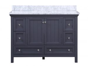 Front view of Cunningham 48 inch bathroom vanity in Harbor Blue with white Carrara marble top