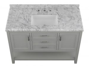 Overhead view of grey 48-inch bathroom vanity with Carrara marble countertop and ceramic sink
