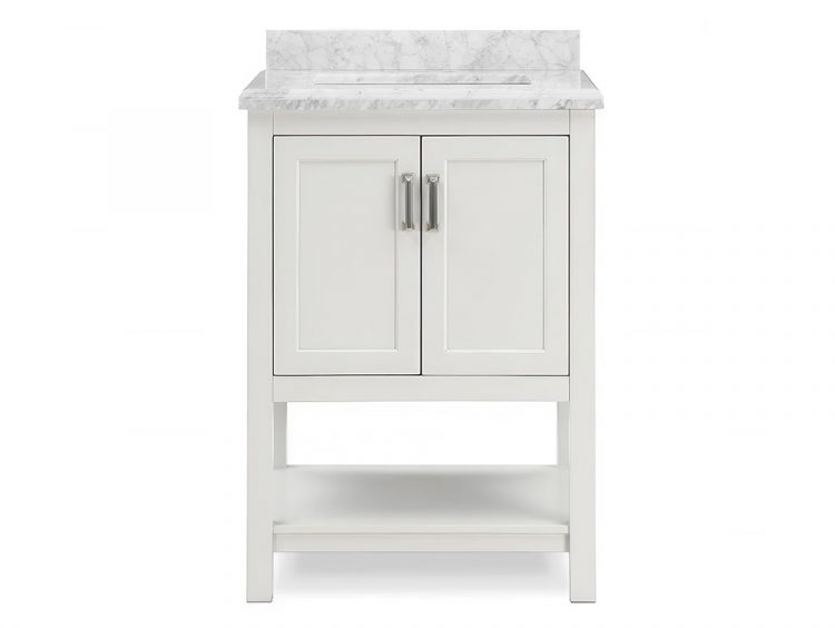 Front view of white 24-inch bathroom vanity with Carrara marble countertop and chrome hardware