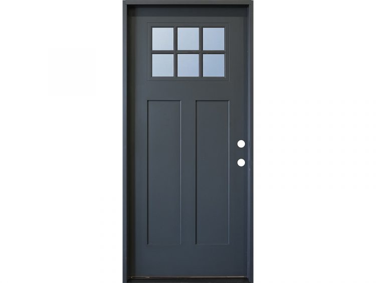 Dark grey exterior view of 6-lite Craftsman fiberglass door with white interior