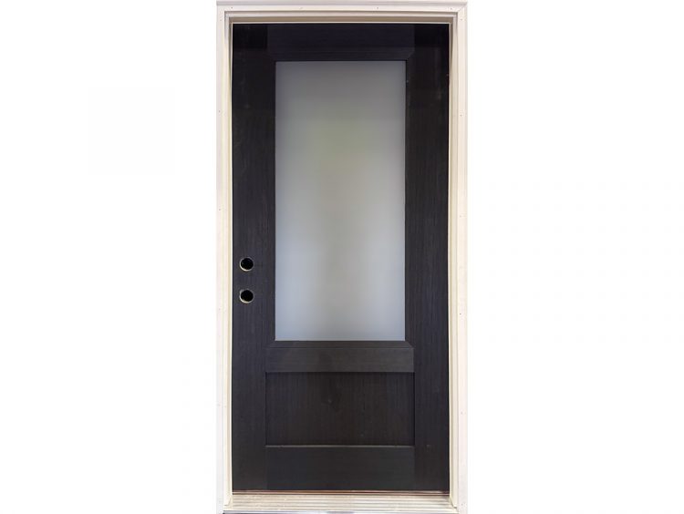 Pre-finished black fiberglass door with 3/4 privacy glass panel