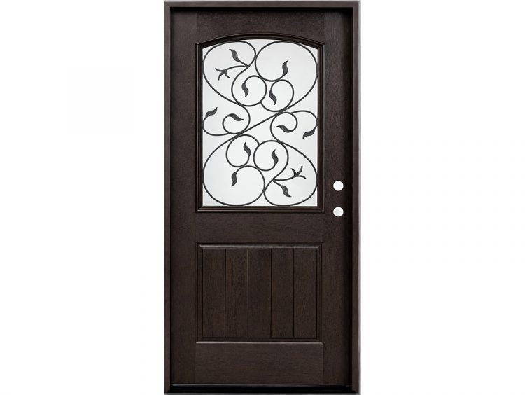 Black prefinished fiberglass exterior door with decorative wrought iron glass insert