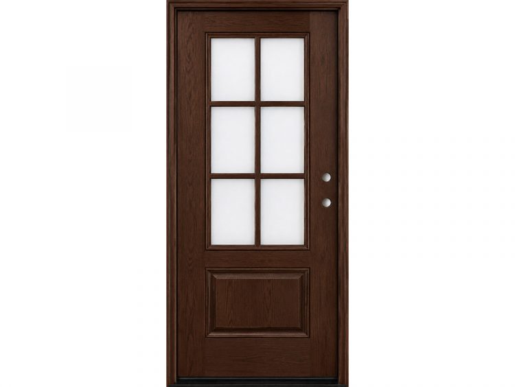 Dark walnut prefinished fiberglass door with 6-Lite glass and lower panel