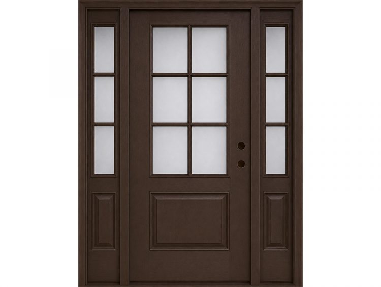 Dark walnut fiberglass door unit with six-lite door and matching sidelites