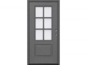 Grey prefinished fiberglass exterior door with 6-Lite glass and lower panel