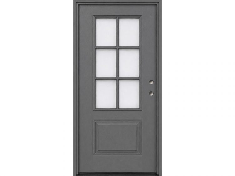 Grey prefinished fiberglass exterior door with 6-Lite glass and lower panel