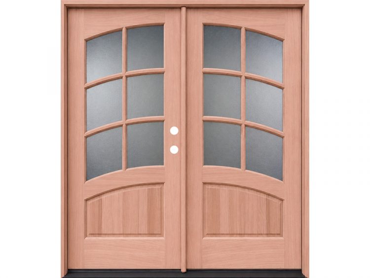 Mahogany decorative arch lite double door with arched glass panels and wood exterior design