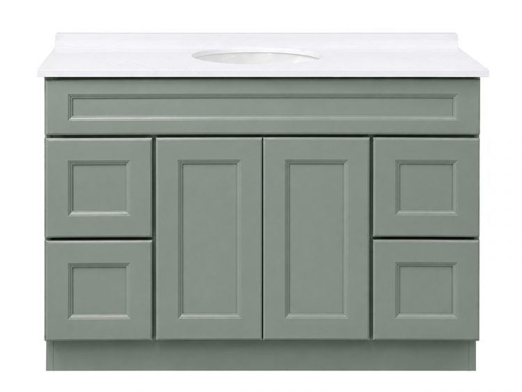 Forest Green Shaker bath vanity with white vanity top and soft-close drawers