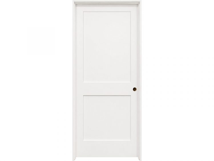 White 2 panel primed Shaker interior wood door with two flat recessed panels